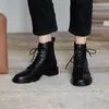 Meotina Doğal Hakiki Deri Med Topuk Ayak Bileği Çizmeler Kadın Çizmeler Blok Topuk Kısa Çizmeler Lace Up Yuvarlak Ayak Kadın Ayakkabı Sonbahar 210608