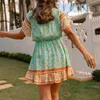 Summer Bow dress for women Boho style positioning print short-sleeved lace-up Sexy mini dress vestidos vintage beach dress 210514