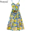 Robes décontractées Svoryxiu Femmes Summer Runway Haut de gamme Coton Spaghetti Sangle Longue Robe Sexy Col V Bow Citron Imprimer Vestdios