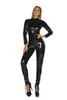 女性用ジャンプスーツはセクシーなPUラテックスキャットスーツ女性ブラックレッドウェットルックフェイクレザーボディスーツシニングコスチュームジッパーオープン2375