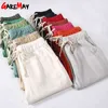 Calças de linho de algodão para mulheres calças soltas casuais cor sólida harem plus tamanho Capri verão 210428