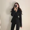 韓国のファッション女性のスーツBlazerコートスプリングベルトフルスリーブノッチカラーオフィスワークウェア女性ジャケットフェムミ210513