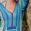 ビキニカバーアップセクシーなディープVネック長袖夏のビーチドレスクリチェチュニック女性を着るスイムスーツカバーUP Q1064 210420