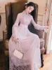 Yosimi Long Long Women Dress Sommar Lila Broderi Party Maxi Vintage Lady Full Sleeve Evening Elegant 210604