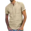 Male Short Sleeve Linen Button T-Shirt O-neck Fashion Summer solid Casual Cotton Henley Loose Blouse Tee Top Men Clothing 210716