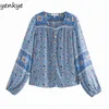 Vintage Floral Print Blouse Shirt Women Lantern Sleeve Round Neck Holiday Summer Boho Tops Casual Plus Size blusas Top ST9473 210514