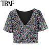 Femmes Sexy Fashion Couleur Brillant Sequin Coupled Blouses Vintage à manches courtes Cadre à glissière Femme Chemises Chic Tops 210507