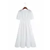 Women Summer White V-Neck Dress Short Sleeve Buttons Bow Tie Casual Female Elegant Party A-Line Dresses Vestidos 210531