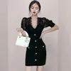 Korea Chic Sexy See Through Lace Patchwork V-Neck Puff Sleeve Bodycon Klänning Elegant Office Ol Sheath Dress Vestidos 210518