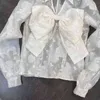 Camisa con lazo de retazos calado para mujer, blusa blanca dulce de manga larga con solapa, ropa de moda para mujer, primavera 210524