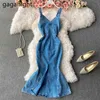 Womens Summer Denim Dresses Sexy V Neck Slim Spaghetti Straps Jeans Back Split Bodycon Long Trumpet 210601