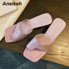 Summer Women Shoes Slippers Slides Rubber PU Solid Outside Thin Heels Adult Shallow Square Toe Purple White Black 35~39 210507