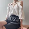 Women Summer White One-Shoulder Sling Shirt Off-Shoulder V-Neck Single-Breasted Half-Sleeve Female Tops B3074 210514