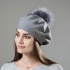 Vrouwen Baret Wollen Muts Gebreide Wollen Baretten Echt Bont Pompom Baret Cap Top Kwaliteit Vrouwen Winter Hoeden Mutsen RC2047