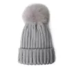 Marque femmes hiver tricot chapeau Pure laine vierge fourrure de renard mode fille doux chaud chapeau hap01a273s