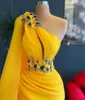 Crystals Mermaid Evening Dresses With Wrap One Shoulder Side Split Bright Yellow Pageant Dressing Gowns Robe De Mariée Customize