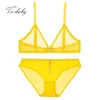 Varsbaby French Lemon Yellow Sexy Deep V Przezroczyste Bielizna Drut Darmowy Soft Mesh Bra Zestaw dla kobiet 211104