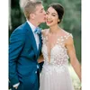 Unique Design Scoop Illusion A Line Wedding Dresses with Pleated Skirt Tulle Wedding Dresses Sweep Train Bridal Gowns robe de soiree