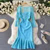 Summer Dress Women Elegant Floral Lace Spliced V-neck Three Quarter Sleeve Party Slim Ruffles Midi Bodycon 210603