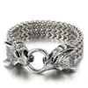 Stor 18mm 8,8 tums silverbiker Mäns Franco Chain Armband Rostfritt stål Wolf Head Bangle With Spring Loop Clasp Heavy