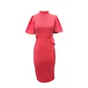 Rosa Kleid Frauen Kurze Laterne Ärmel Bodycon Midi Länge Büro Dame Tragen Slim Fit Plus Größe Kleider S-XXL mit Taille Gürtel Herbst 210527