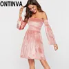 Mulher Horizontal Neck Strapless Tube Top Sutiã Vestido Bell Manga Longo Veludo Rosa Autumn Velão Elastic Es 210527