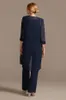 Navy Three Pieces Beaded Mothers Pant Suits With Long Sleeves Jacket Sequined Pantsuits Bateau Neck Chiffon Groom Mother Outfit