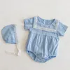 0-3yrs Sommarbarn Baby Jumpsuits Girls Short Sleeve Kläder Kläder Rompers + Hat 210429