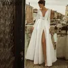 Abiti casual Elegante Bianco Abito a maniche lunghe Bianco Delle Donne Donne Sexy Deep V Collo V Partito Piano Piano Lunghezza Backless Sera Chic Vestidos