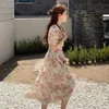 Vintage Puff Sleeve Floral Dress Elegant Chiffon Kvinnor V-Neck Koreanska Sommar Slim Design Casual Beach Party Y2K 210604