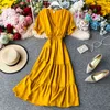 Elegant V Neck Vestidos Korean A-line Women Dress High Waist Retro Summer Dresses Holiday Robe Beach Style 16813 210415