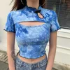 T-Shirt manches courtes pour femmes, Style chinois, imprimé teinture par nouage, haut court, Sexy, Vintage, gothique, Ctop, Streetwear, Harajuku