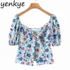 Multicolor Floral Crop Top Kvinnor Sexig Front Knot Puff Sleeve Sommar Boho Blus Holiday Tops 210430