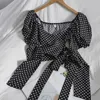 Summer Cross-tie bow-knot Camicetta elegante camicetta a contrasto di colore a pois corto top coreano manica a sbuffo donna top e bluse 210420