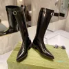 Top Kwaliteit Designer Laarzen Dames Winter Metalen Knop Ketting Schoenen Leer Lage Hak Hoge Hakken Boot Luxe The Glossy