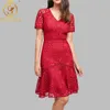 Zomer kant patchwork rode jurk vrouwen sexy v-hals werk casual feest slanke jurken vintage vestidos 210520