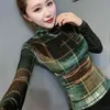 Vår Höst High-neck långärmad sammetskjorta Streetwear Turtleneck Plaid Kvinna T-shirts Bodycon Dam Topps 566c 210420