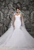 Skräddarsydd 2021 vackra domstol tåg Illusion Transparent rygg pärlstav spets sjöjungfru våren bröllopsklänningar Brudklänningar