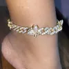 Tobillera de mariposa helada, pulsera con diamantes de imitación de cristal, tobilleras de cadena cubana de Hip Hop para mujer, joyería de pie de playa Boho Vintage Person280S