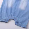 Bebé mameluco solapa monos de manga corta verano niño nacido niña niño denim mono ropa linda 210515