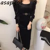 Elegante Vintage Lace Up Slim cintura Pescoço Pescoço Full Buff Manga Preto Vestido de Veludo Mulheres Bodycon Bandage Vestidos Primavera 210409