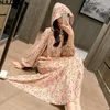 가을 프랑스어 인쇄 드레스 Womenkorean 버전 나비 넥타이 칼라 레트로 쉬폰 긴 소매 후드가있는 fishtail 210514