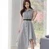 Summer Korean Office Lady Dress Female Elegant OL Turn down Collar Irregular sleeveless Slim Blue stripe Midi Dress 210514