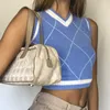 Crop Top Argyle Pull Gilet Femmes Sans Manches Pull Tricoté Pulls Casual Streetstyle Court Club Party Pull Gilet Jumper 210415