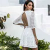 Backless White Lace Klänning Höst Vinter Half Sleeve Solid Vintage Kvinnor Kort Elegant Office Lady Mini Vestidos 210427