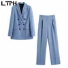 LTPH Double Breasted Blazer Jacket Vintage Business Casual 2 Piece Set Kvinnor Passar Formella Byxor Outfits Vår Höst 210927