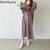 Nomikuma ankomst v nacke full ärm vintage klänning ruffle patchwork blommig tryck elegant koreanska klänningar mode vestido 3a554 210514