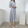 Primavera Donna Abito Moda manica lunga con lacci Bottoni Pieghettato es Coreano Collare alla coreana Partito Vestido Mujer 210513