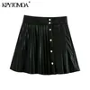 KPYTOMOA Women Chic Fashion Pleated Faux Leather Mini Skirt Vintage High Waist Snap Button Female Skirts Mujer 210331