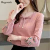 Wiosna Vintage Haftowany Biała Bluzka Kobiety Plus Rozmiar Bawełna Luźny Z Długim Rękawem Koszula O-Neck Bow Casual Solid Topy 1685 50 210518